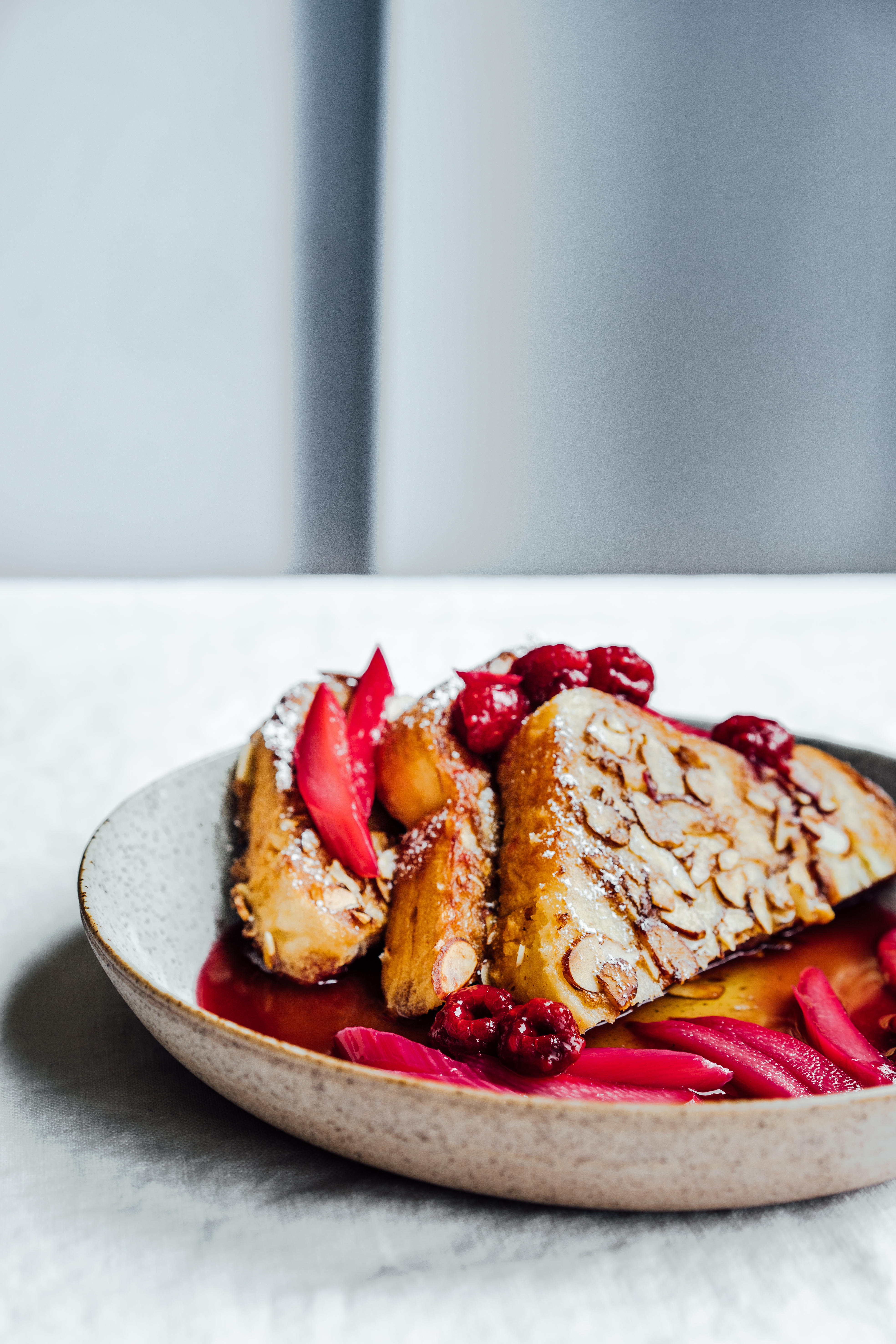 Coconut Almond Brioche French Toast with Hibiscus Poached Rhubarb | TENDING the TABLE